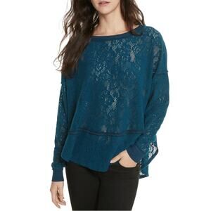 Free People Not Cold In This Floral Brushed Lace Knit High Low Deep Teal Top M